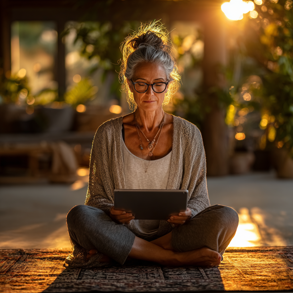Mujer de 52 años practicando yoga online desde su hogar usando una tablet, con ambiente sereno y plantas de fondo