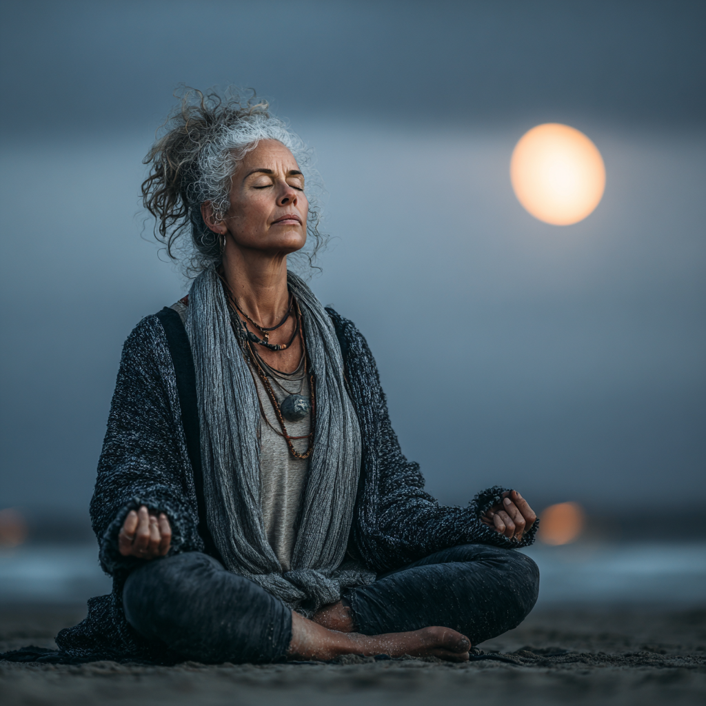 Mujer de 55 años practicando yoga en posición de loto bajo la luz de la luna, expresando serenidad y conexión espiritual
