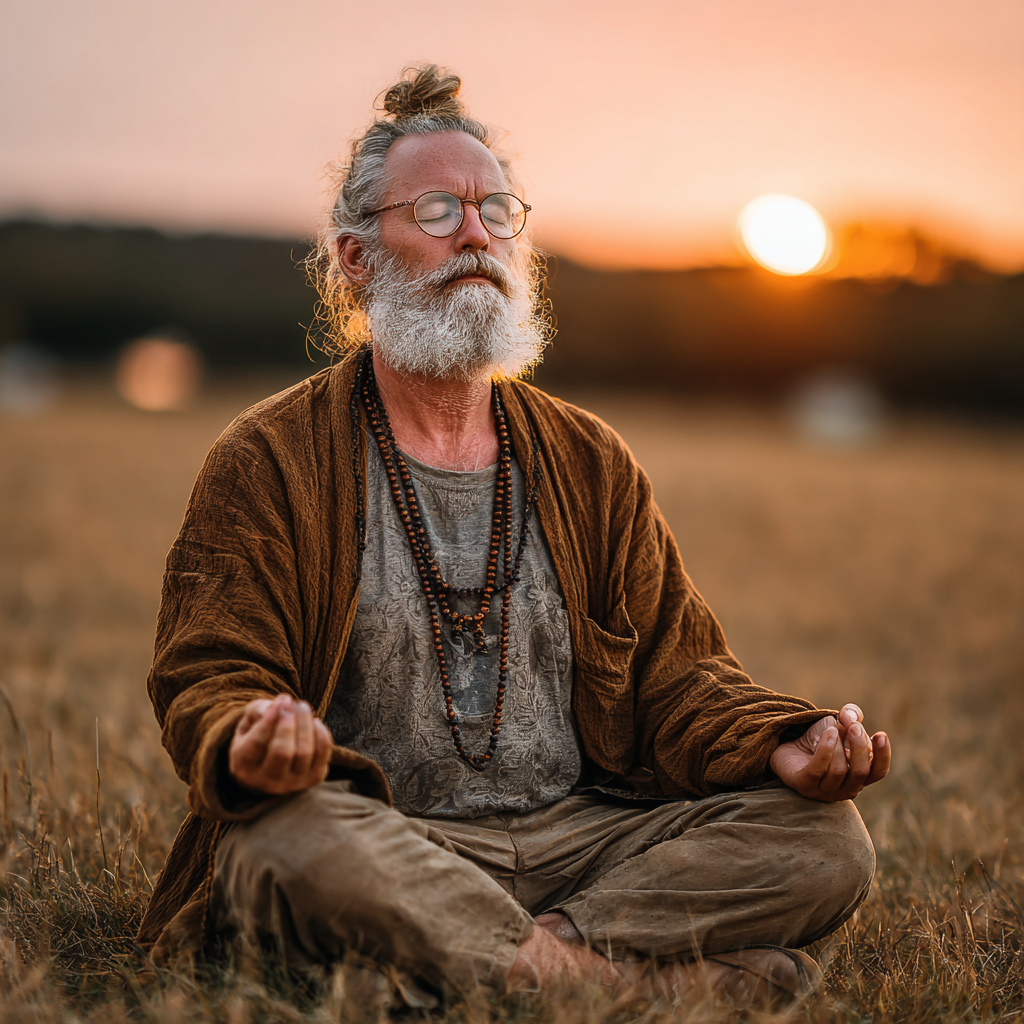 Hombre de 58 años meditando en posición de loto al amanecer, irradiando paz y sabiduría interior